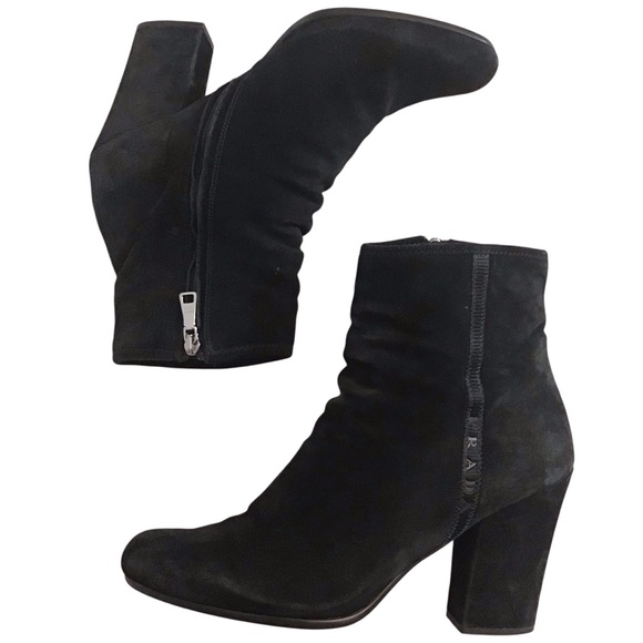 Prada 40 (US 10) Ankle Boots Women’s Suede  Black Chunky Heels Made In Italy - Picture 1 of 15